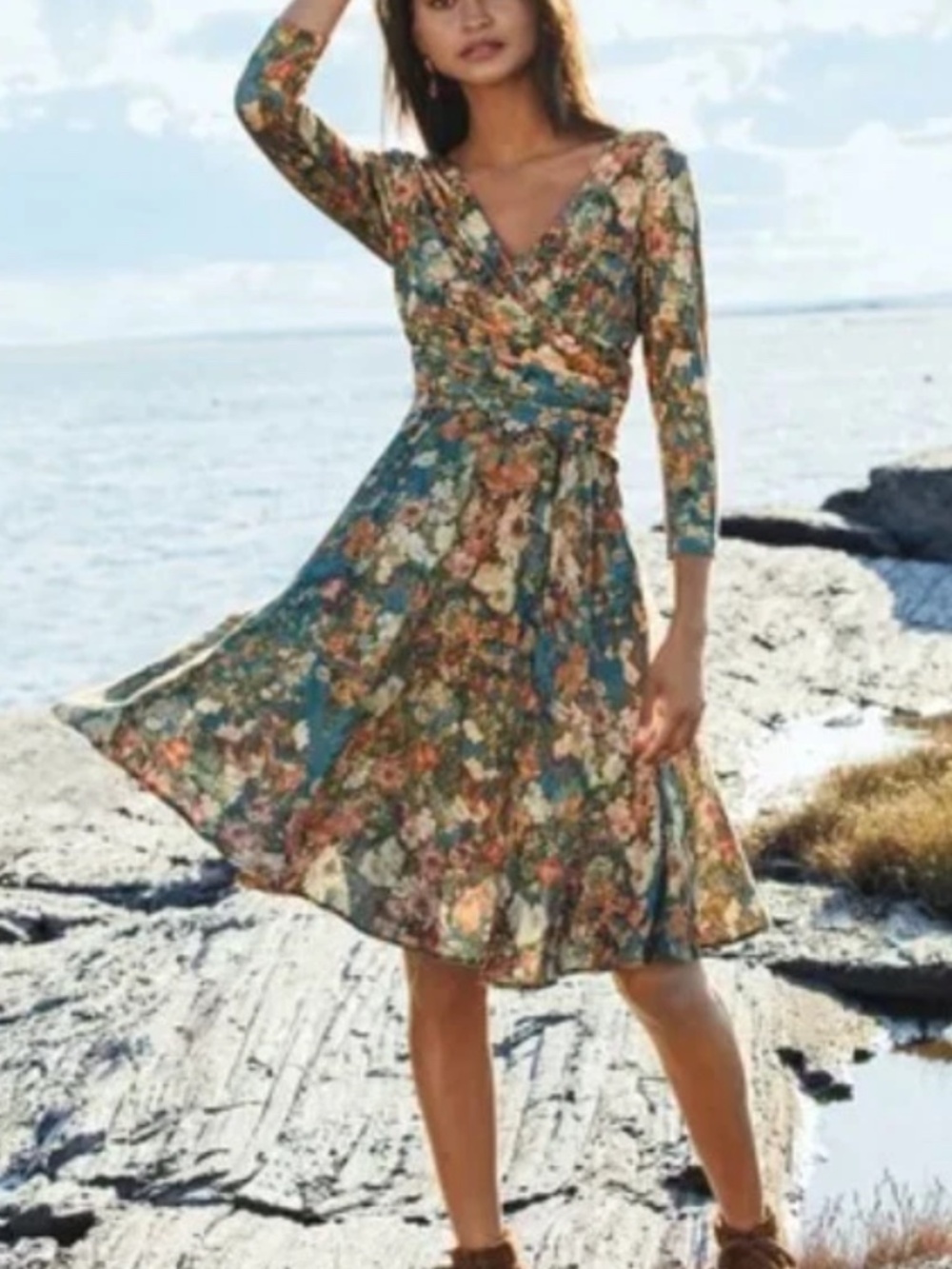 Peruvian Connection Fit-And-Flare Floral Knit Jersey Midi Dress Small Fall